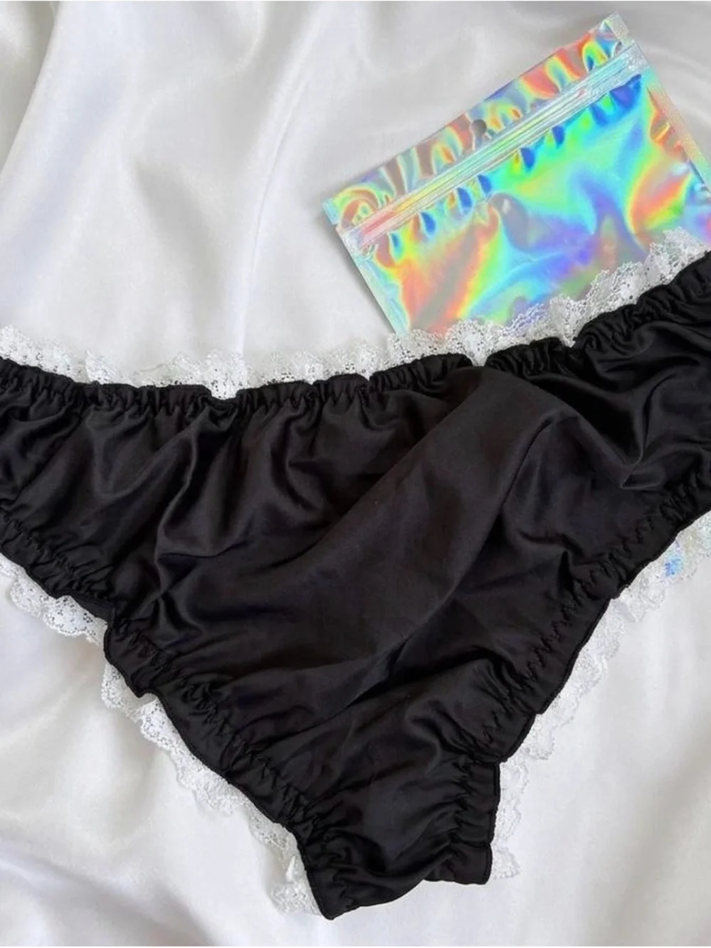 Black Satin Lace Bikini Panties with White Trim | XL